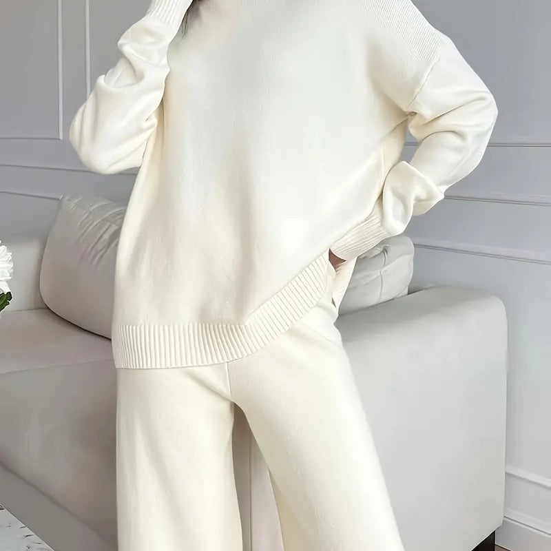 Set de tricot cu guler înalt de culoare solidă