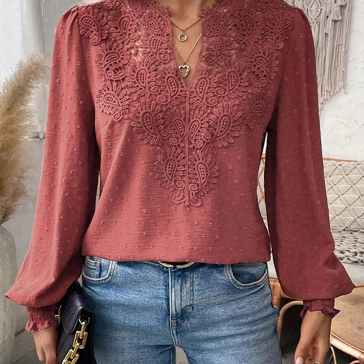 Charlene – Bluză de Damă Elegantă cu Decolteu în V și Mâneci Lungi