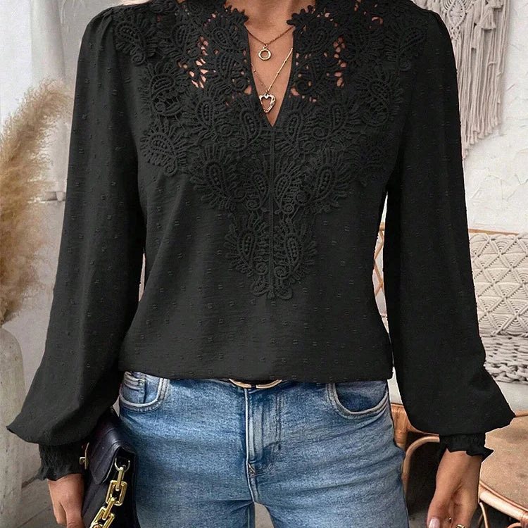 Charlene – Bluză de Damă Elegantă cu Decolteu în V și Mâneci Lungi