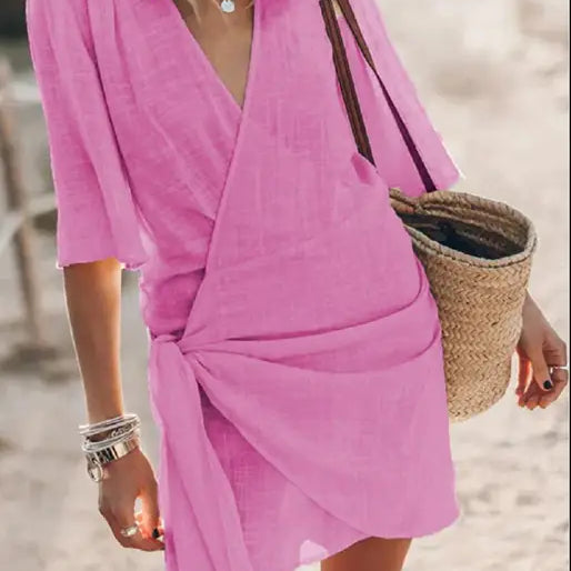 Angelin – Rochie de Damă din In cu Decolteu în V Elegantă de Vară