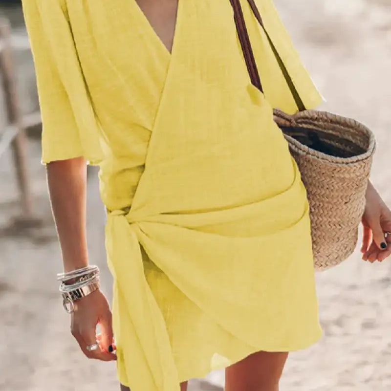 Angelin – Rochie de Damă din In cu Decolteu în V Elegantă de Vară