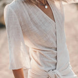 Angelin – Rochie de Damă din In cu Decolteu în V Elegantă de Vară