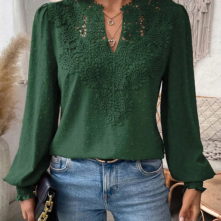 Charlene – Bluză de Damă Elegantă cu Decolteu în V și Mâneci Lungi