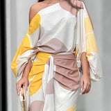 Talia – Rochie de Damă Satinată Elegantă cu Volane Asimetrice