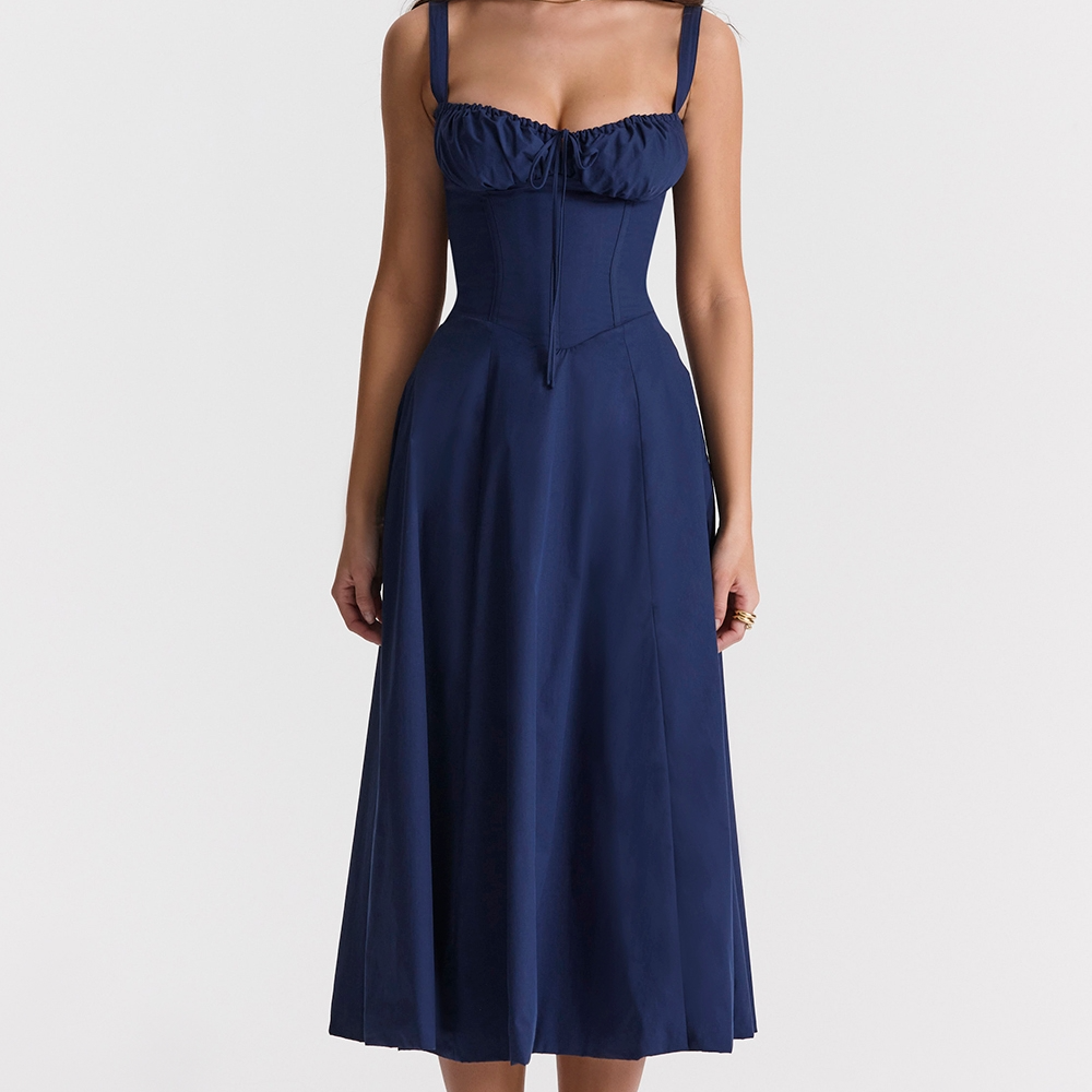Vivienne – Rochie Midi de Damă cu Corset Romantic Bleumarin