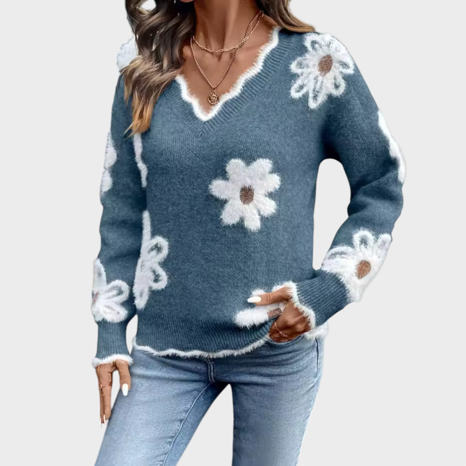 Andreea - Pulover cu decolteu în V și imprimeu floral