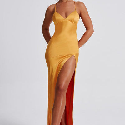 Amara – Rochie de Damă Maxi Satin Elegantă cu Fisură