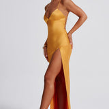 Amara – Rochie de Damă Maxi Satin Elegantă cu Fisură