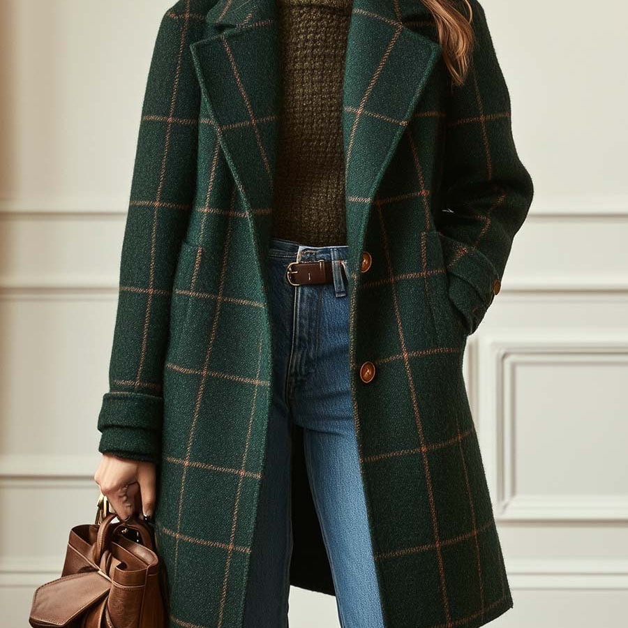 Elena | Palton din Tweed în Carouri cu Rever Retro